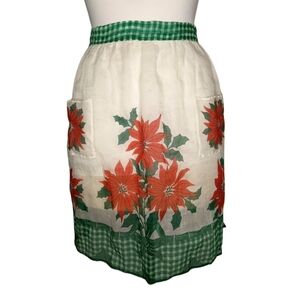 Green Christmas Red Poinsetta Vintage Half Apron Holiday
